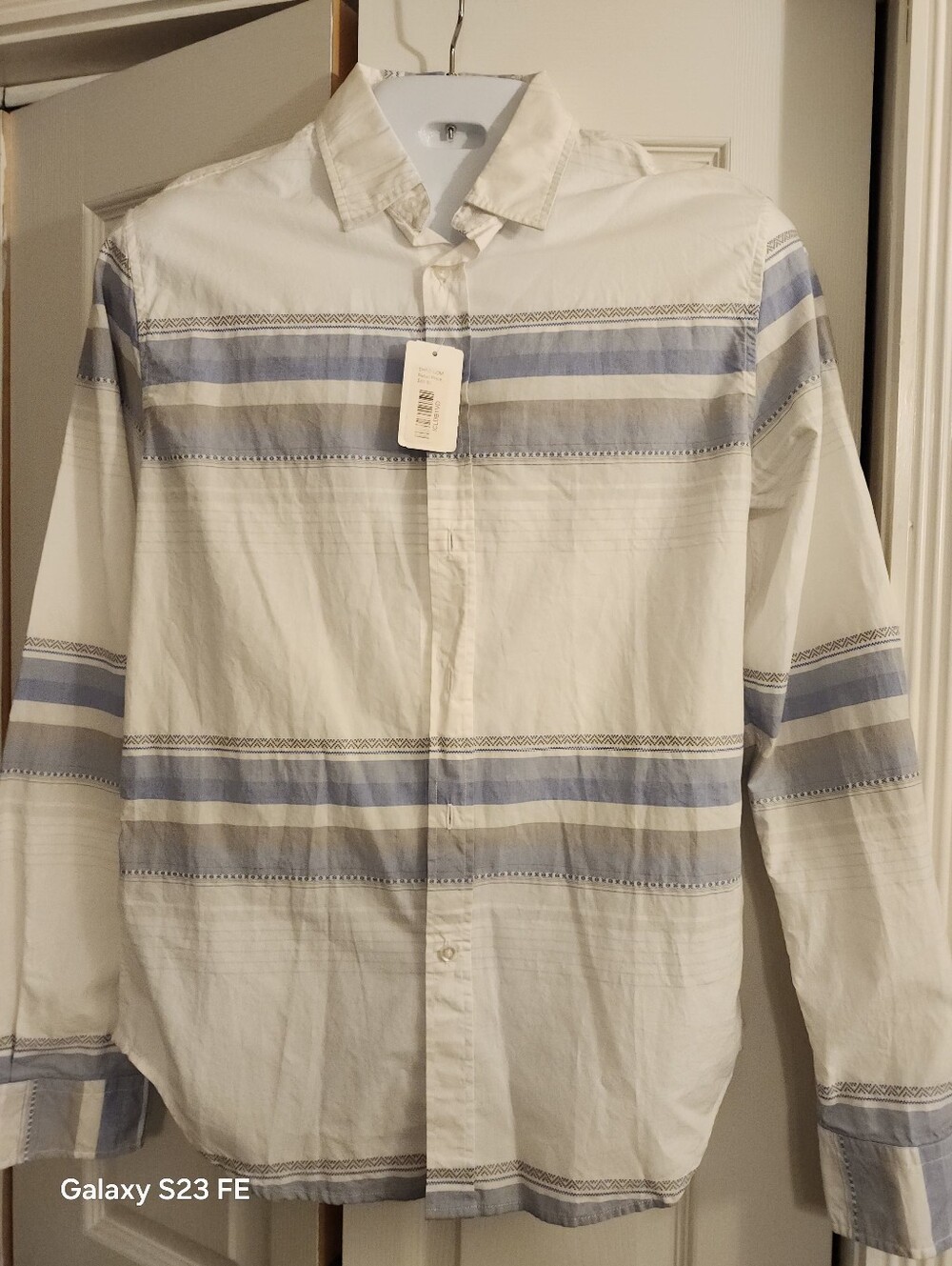 Men's 55 Broome White Button-Up Shirt with Blue Stripes M